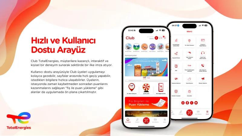 Club TotalEnergies mobil uygulamasının kampanyalar ve menü ekranlarını gösteren iki telefon